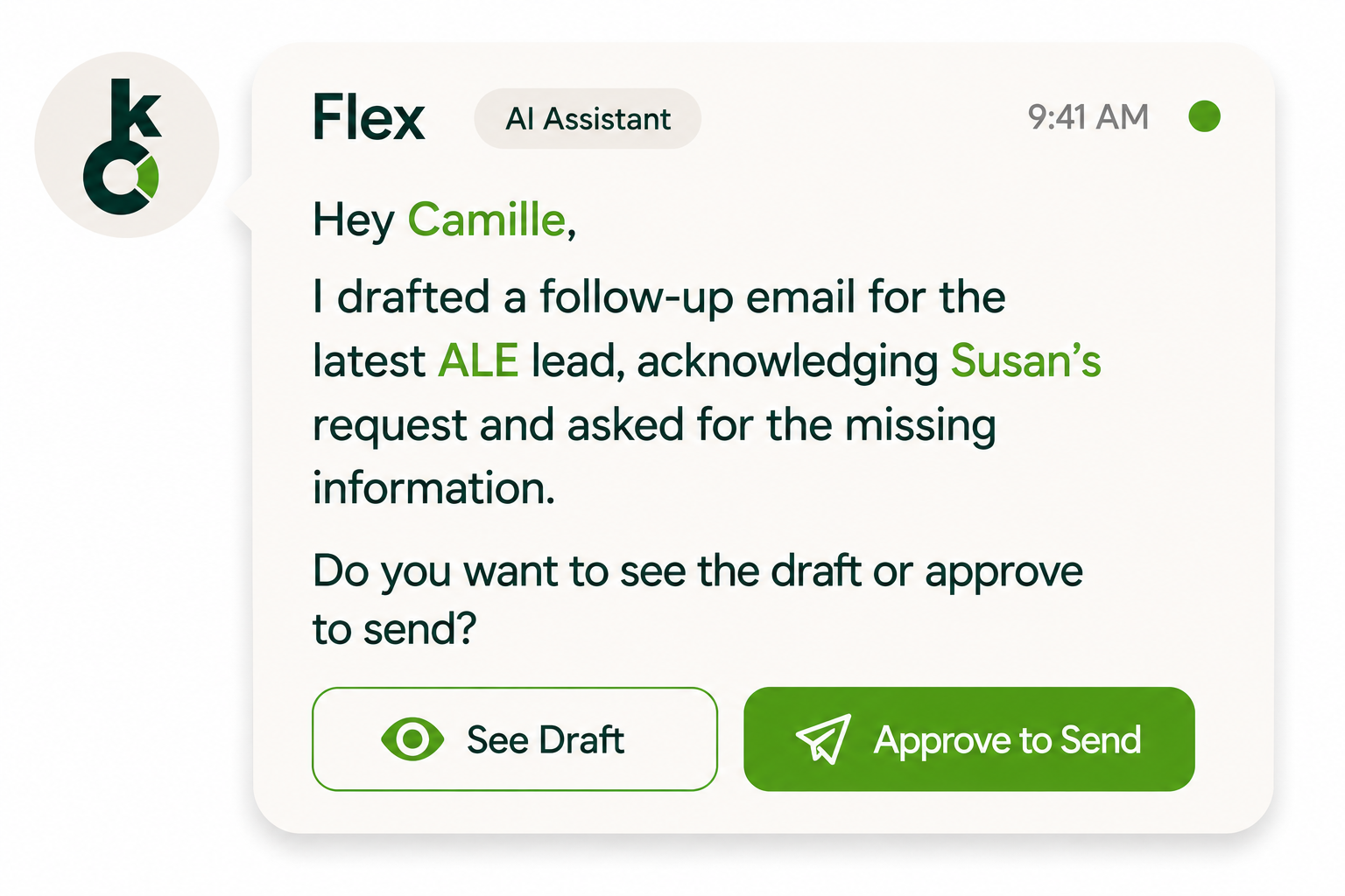 Flex AI assistant drafting a follow-up email for an ALE lead