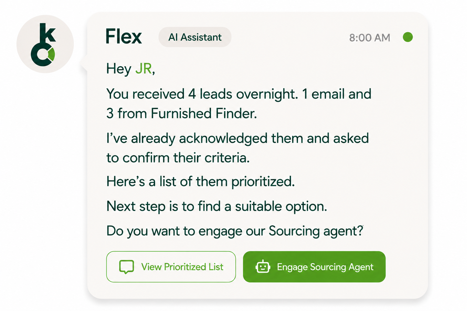 Flex AI summarizing overnight leads and offering to engage the sourcing agent