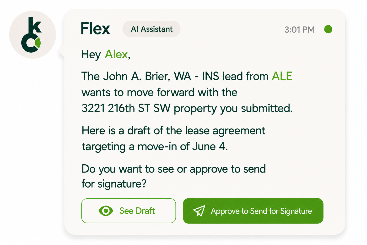 Flex AI assistant drafting a lease agreement ready for signature